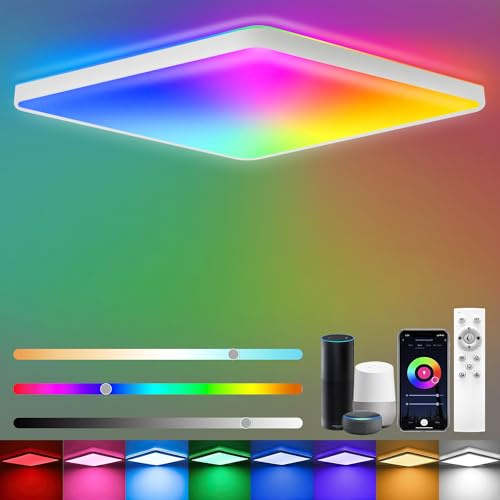 Heyseven Dimbar LED-taklampa med fjärrkontroll, 24 W RGB Smart APP-taklampa med 16 miljoner färgändringspaneler, 2 400 lumen med Alexa-lampor för sovrum