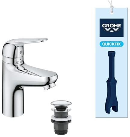 GROHE Swift - Badarmatur mit Temperaturbegrenzer für Kinder (wassersparend, ~16cm hoch, inkl. Montagewerkzeug, Push-Open Ablauf), chrom, 24319001