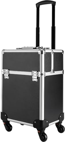 Kosmetik Trolley, Kosmetikkoffer Trolley mit Schloss, 34x24x45cm Friseurkoffer, Nageldesign Koffer mit Zugstange in 3 Positionen, Aluminiumlegierung, Große Kapazität (Schwarz)