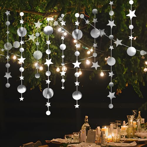 RIVIEVAL Ghirlanda di Stelle filanti Lunga 52 Piedi, a Forma di Cerchio Iridescente, Decorazione per Feste, Ghirlanda di Stelle filanti Scintillanti per Decorazioni per Feste di Compleanno (Argento)
