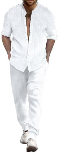 Junger Herrenanzug Slim Fit Herren Sommer Atmungsaktiv Zwei gerollte Ärmel Hemd Hose Set Herren Sportbekleidung Herren Zweiteilige Sportbekleidung, weiß, XL