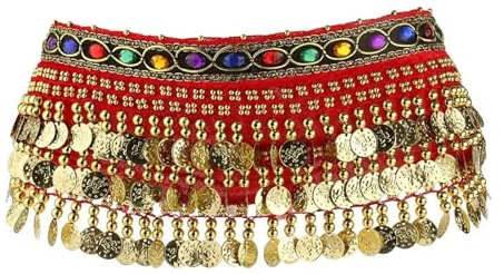 HWJFDC Bauchtanz Hüfttuch Bauchtanz-Taillenwickelgürtel mit Goldmünzen, Quaste, Hüfttuch, Kostümzubehör(Red)
