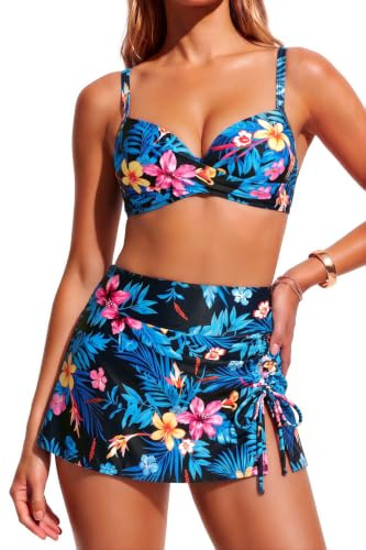 Yonique Bikini à armatures pour femme avec jupe de bain - Maillot de bain deux pièces à taille haute et rembourrage