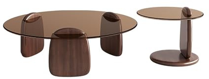 Nileco Modern Glass Coffee Table Set, Round Nesting Center Table Minimalist Low Tea Table with Wood Base, Accent Cocktail Table for Living Room, Easy Assembly and Clean(80+50cm(31+20), Brown)