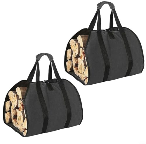 Puupaa 2PCS Log Carrier Bag, Portable Log Tote Bags for Camping, Heavy Duty Canvas Wood Hauling Sling with Reinforced Handles, Fireplace Accessories(Black)