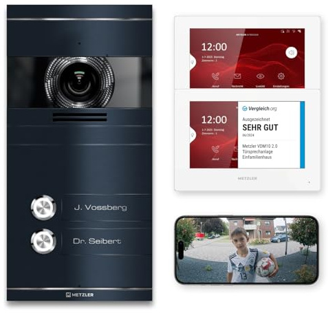 Metzler VDM10 2.0 Video Sprechanlage Komplett Set - mit Laser Gravur Namensschild - LAN/POE - Türsprechanlage mit HD-Kamera für 2 Familienhaus, Smartphone App, in Anthrazit aus V2A Edelstahl
