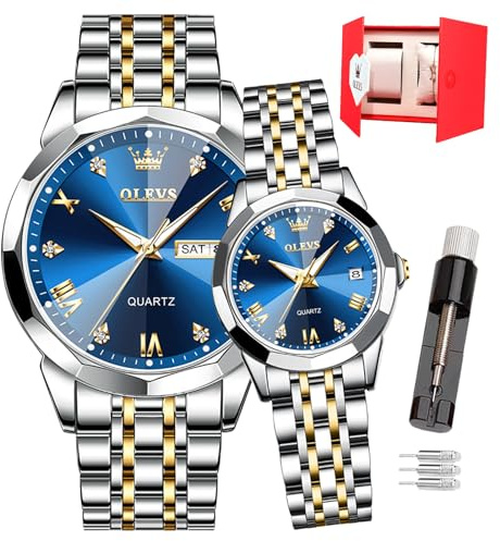 OLEVS Valentines Paar Quarzuhren, 3 ATM wasserdicht, leuchtender Kalender, Datum, lässige Edelstahl-Armbanduhr für Sie und Ihn, für Männer, Frauen, Liebhaber