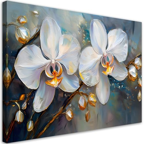 Feeby Leinwand Bilder - Bild Wohnzimmer - Orchideen Weiße Blumen - 120x80 1tlg - Deko Schlafzimmer Groß - Dekoration Canvas - Gemälde - Modern Wandbilder - Kunstdruck