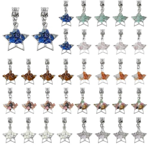 SUPERFINDINGS 36Pcs 9 Colors Tree of Life Charms Gemstone Charm Alloy Large Hole Pendants Crystal Quartz Chakra Pendants Star Mixed Stone Chip Pendant for Jewelry Making,3.6cm