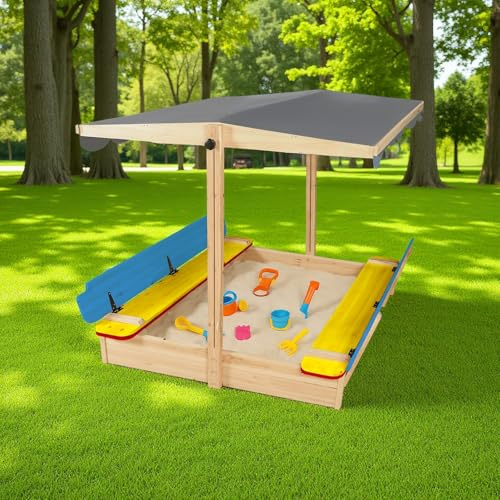 Large Wooden Sandbox Outdoor Sand Pit with Lid Cover Adjustable Canopy Foldable Bench Seat Bottom Liner Sand Box for Garden Patio Beach Backyard Play Aged 3-12 Years Old 48x48in (Multicolored)