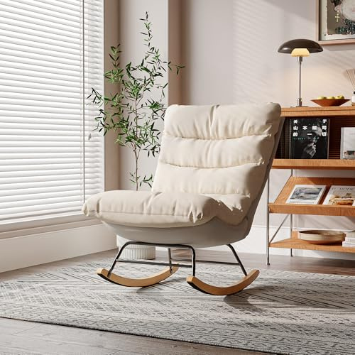JiaOyu Schaukelstuhl mit Abnehmbares Kissen, Kuscheliger Schaukelsessel mit Hohe Rückenlehne & Stahl-Holz Gestell, Relaxsessel Gepolsterter Schwingsessel für Wohnzimmer, Schlafzimmer (Beige/Leinen-C)