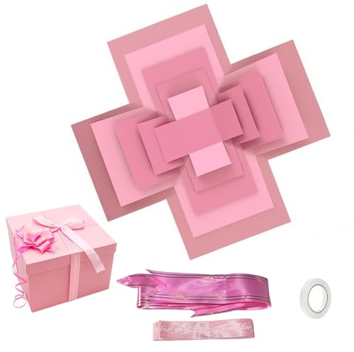 Caja Explosion Surprise, Caja de Regalo Explosión Creativa de 5 Capas, Cajas de Aperitivos Regalo Sorpresa con Cinta y Cinta Adhesiva, para Regalos de San Valentín, Aniversario de Boda(Rosa)