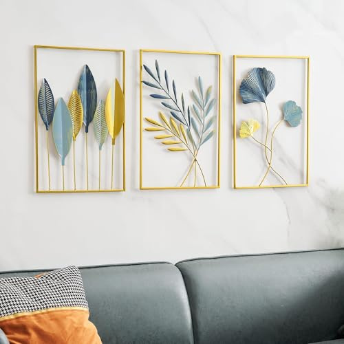 SUNAIAD Wanddeko Metall Gold Wanddekoration für Wohnzimmer Schlafzimmer Küche Flur, Büro Hotel 3 Stück Metallbilder Wanddeko