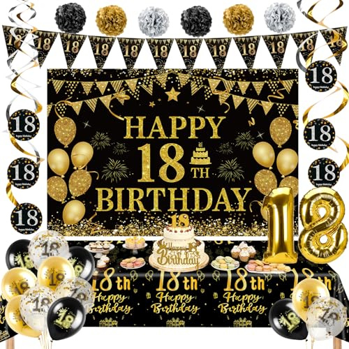 18th Birthday Decorations for Men Women, 18 Years Old Party Decor Supplies | Black Gold Party Backdrop Happy 18th Birthday Decoration Set with Banner Number Foil Balloon Tablecloth Cake Topper