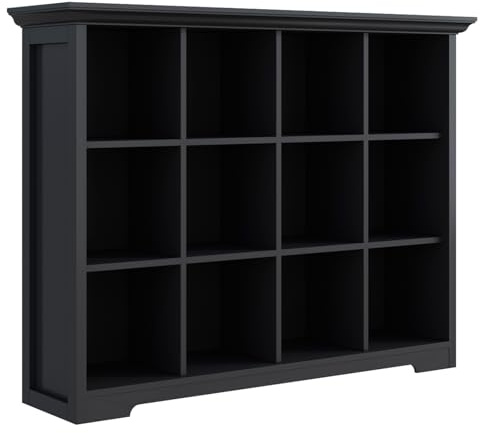 OSCHF Bücherregal mit 12 Fächern, 3-stöckigem Regal mit Sockel, Schwarz | Geschwungener Sockel, Kranzleiste, modernes Bücherregal für Wohnzimmer, Schlafzimmer, Homeoffice und TV-Stauraum