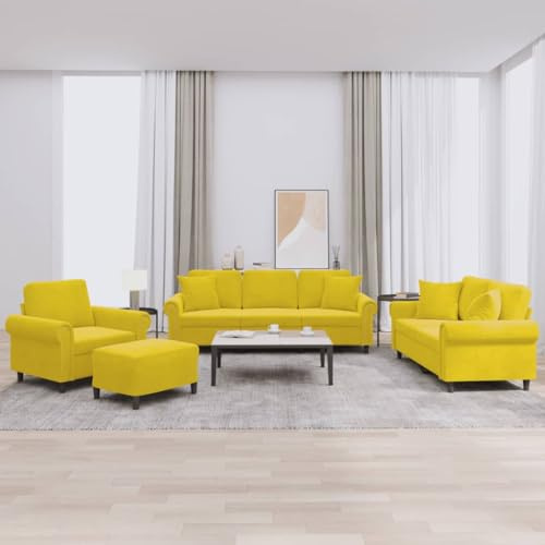 Teenpull 4-TLG. Sofagarnitur mit Kissen, Gelb Samt, Robustes Metallgestell, Bequeme Polsterung für Wohnzimmer, 1 Sessel, 1 Zweisitzer, 1 Dreisitzer, 1 Hocker