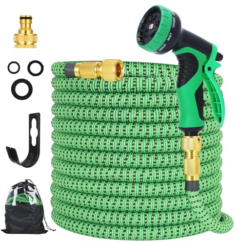 Expandable Garden Hose 50ft, with10-Function Hose Spray Gun. | High-density 3750D fabric durable latex expandable hose with 3/4-inch and 1/2-inch solid brass fittings.