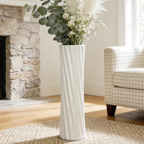 Duoqulou Weiße Keramik Bodenvase, 60 cm Große Vase für Blumen, Dekorative Vasen für Wohnzimmer, Büro und Schlafzimmer, Modernes Design, Schlichte Keramikvase