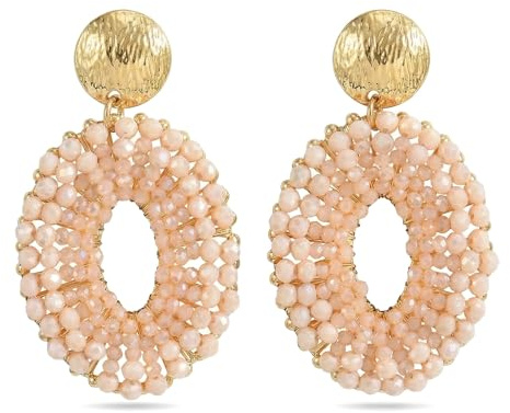 XFSRG Boho Ohrringe Hängend für Damen Handgewebter Kristall Ohrring Runde Reisperlen Ohrringe Eleganter Hingucker Frauen Modischer Schmuck