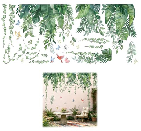 Sticker mural motif plantes, sticker mural décoratif avec feuille de palmier tropicale et feuilles tropicales vertes suspendues, sticker mural jungle, décoration murale pour cuisine, salon, couloir