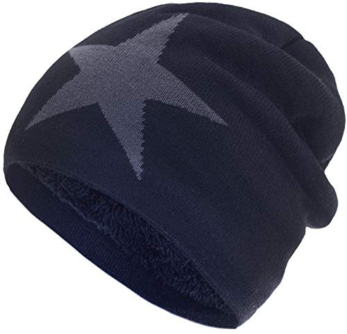 Compagno gefütterte Mütze Damen Herren Wintermütze Beanie Haube mit Stern one-Size, Farbe:Marineblau