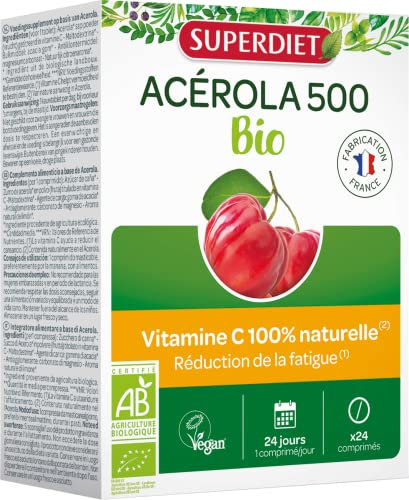 SUPERDIET- ACÉROLA 500 BIO - Haute concentration en Vitamine C-Réduction de la fatigue -Fabrication Française-24 comprimés à croquer