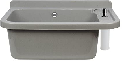 VBChome Ausgussbecken mit Seifenspender 60 x 35 x 21 cm Waschtrog mit Überlauf Waschbecken für Gewerbe Waschraum Garten inkl. Ablaufgranitur Spülbecken