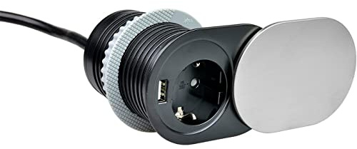 Lumonic SlideBox 1x Schuko Steckdose + USB 2,4A Tischsteckdose Silber I Steckdose mit 230V im Tower max. 3600W I Mit Bohrloch-Größe 65mm Ideal für den Einbau