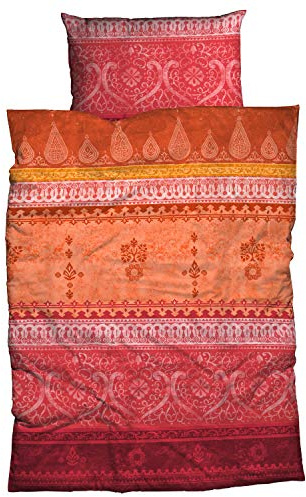 CASATEX Bettwäsche Indi Orange Rot Ornamente Indisch Musterung Orientalisch Paisley Mandala Satin, Größe:135 cm x 200 cm