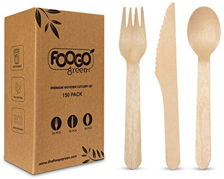 FOOGO Green 150pcs Disposable Wooden Cutlery Set, FSC® Certified, 50 x Forks 50 x Spoons 50 x Knives, 16cm, Biodegradable, Eco-Friendly, Compostable, Party Picnic, Like Bamboo