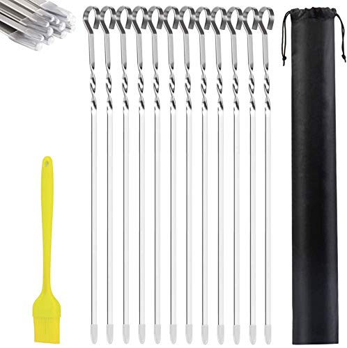 Hanmir Bastoncini da barbecue da 35 cm, in acciaio inox, spiedini piatti in metallo, riutilizzabili, per grigliare, confezione da 12