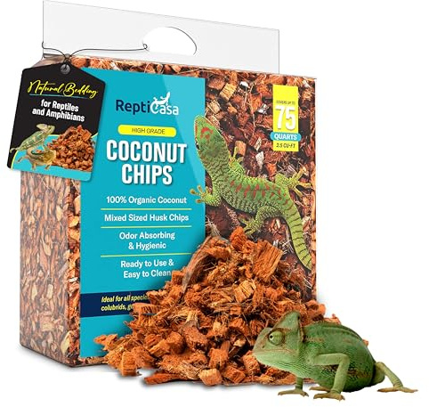 ReptiCasa Coconut Chips Substrate Block - Natural, Organic Bedding for Reptiles, Snakes, Tortoise, and Amphibians - Clean, Odor Absorbing, and Expandable up to 75 Quart - Tank Coco Husk