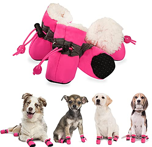 YAODHAOD Pfotenschutz für Hunde,Plüsch Hundestiefel, Bequeme Atmungsaktive, rutschfeste Schuhe, Weiche Sohle mit Reflektierendem Klebeband, Geeignet für kleine Hunde(Größe 5: 5 x 4 cm L*W, Rosa)