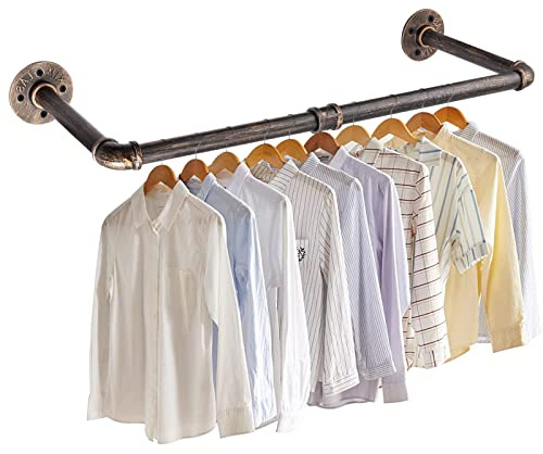Tanice Riel para Ropa Montado en la Pared 60cm Riel Colgante Desmontable con dos bases Barra Colgante de Ropa de Metal Retro con Tubo de Expansión para Hogar Tiendas de Ropa Cuartos de Lavado-Bronce
