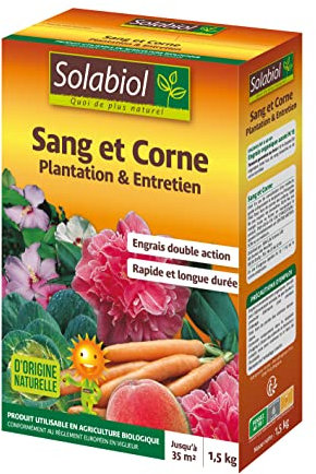 SOLABIOL Engrais Sang Et Corne - 1,5Kg - Jusqu'à 35m² - Effet Rapide (sang) & Longue Durée (corne) - Facile A Épandre - Utilisable En Agriculture Biologique SOMIX15G10N