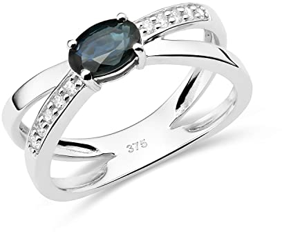 MIORE Schmuck Damen 0.09 Ct Diamant Verlobungsring mit Edelstein Geburtsstein natürlicher ovaler blauer Saphir und 10 Diamanten Brillanten Cross Ring aus Weißgold 9 Karat (375) Gold