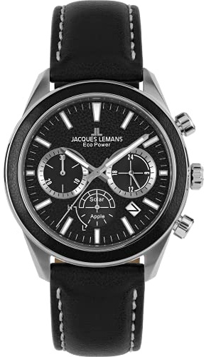 JACQUES LEMANS Herrenuhr, Eco Power Uhren Männer, Chronograph aus massivem Edelstahl mit Apfel-Leder Armband, Model 1-2115