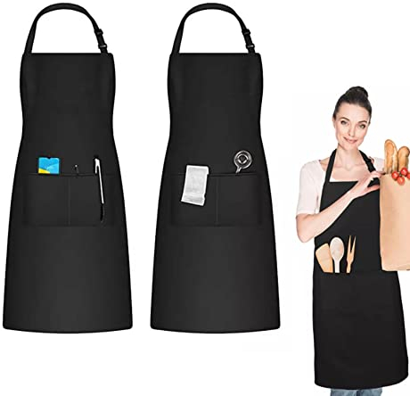 Senmil 2 Stücke Schürze,Küchenschürze,Grillschürze,Kochschürze, Mit Taschen Verstellbare KochSchürze,Wasserdicht Latzschürze Schürze, Männer Damen Küche Restaurant Café Schürze,Schwarz
