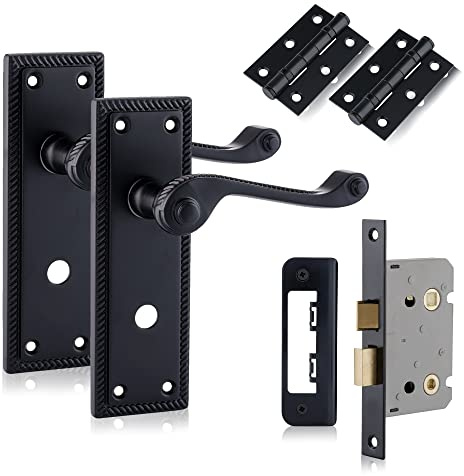 XFORT Black Beauty Range Matt Black Hanoverian Bathroom Pack, Georgian Style Complete Set with Handles, 65mm Mortice Lock and 75mm Ball Bearing Hinges, for Internal Wooden Doors