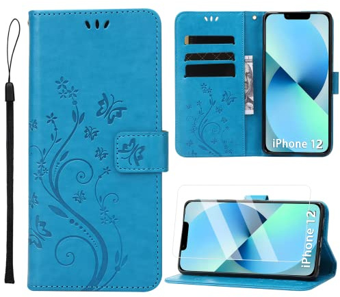 ANSHOW iPhone 12 Case Wallet with Wrist Strap, Flip Leather Case with Cards Holder, Kickstand Cover for iPhone 12/12 Pro, Blue