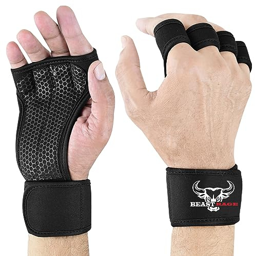 BEAST RAGE Guanti per sollevamento pesi Supporto per il polso con guanti da allenamento per il palmo completamente imbottiti per uomini e donne per Crossfit Bodybuilding Esercizio Powerlifting Sport Allenamento Guanti da palestra