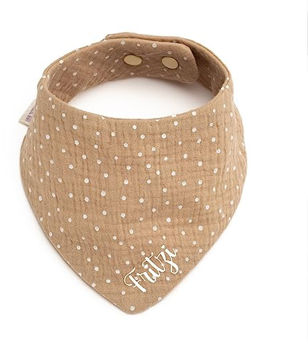 AngelicArt Personalisiertes Dreieckshalstuch aus Baumwolle, Halstuch für Jungen, Mädchen, Unisex, mit Druckknopfverschluss, in verschiedenen Farben mit Wunschnamen-Musselin gepunktet (Sand)