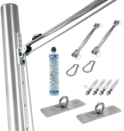 Pina DESIGN seit 1979 - Befestigungs-Set für dreieckige Sonnensegel | 2 Wandhalter & 1 Mast höhenverstellbar - (2X Wantenspanner/Karabiner, In Mauerwerk - 2X Wandhalter/Verankerungen)