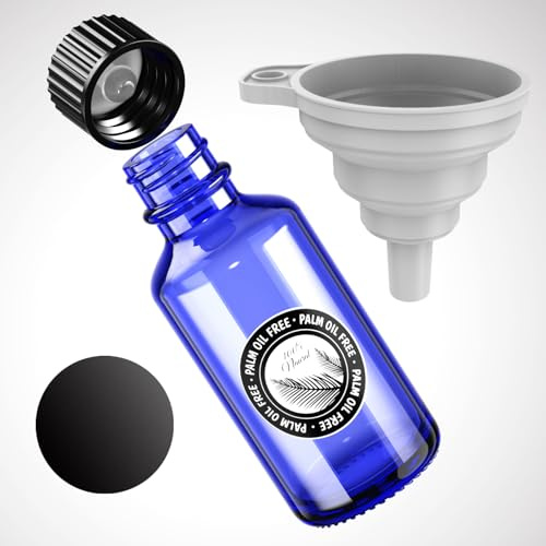 ZHANXUBIO Blaue Glasflaschen, 30 ml, runde Boston-Probenflaschen mit schwarzen Poly-Kegelkappen, Etiketten, Trichtern (30 ml, Blau) 6 Stück