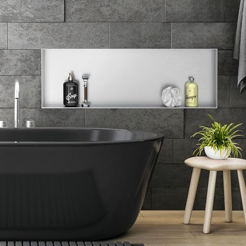 LuxeBath Nicho de Ducha de Acero Inoxidable 90 x 30 x 10 cm cm Plata Marco de Pared Empotrado Alicatable Estante Integrado Instalación Flexible para Almacenamiento Organizador de Utensilios para Baño