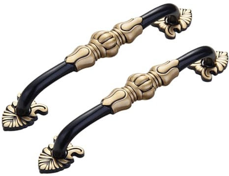 Küchengriffe Massivem Kupfergriffe 2 Stück Schrankgriffe Schubladengriffe Dekorative Möbelgriffe Kleiderschrank Griffe Retro-Stil Türgriffe, Schwarz+Gold (Hole distance 128mm)