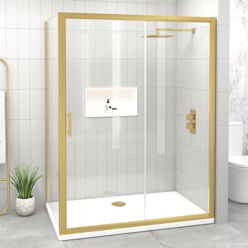 1400 x 700mm Brushed Brass Sliding Door Shower Enclosure with Side Panel Reversible 6mm Easy Clean Safety Tempered Glass Shower Cubicle Screen
