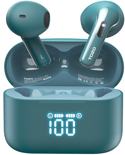 TOZO T21 Kopfhörer Kabellos Bluetooth 5.3 In Ear Kopfhörer mit ENC-Anrufgeräuschunterdrückung, LED-Digitalanzeige, 44 Std. Spielzeit, Stereo Sound, IPX8 Wasserdicht Bluetooth Kopfhörer – Grün