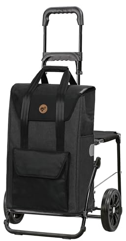 ANDERSEN Einkaufstrolley - Komfort Shopper Senta 2.0 schwarz | mit Sitz, klappbar, aus Stahl, bis 50 kg - Tasche mit Kordelzug, Fronttasche, Reflektoren, 49 L