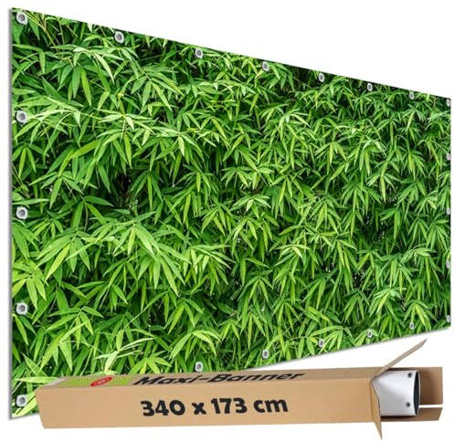 TRIOSK Sichtschutz Garten Dekoration Plane groß mit Motiv Bambus Pflanzen Hecke Motivbanner blickdicht für Terrasse Zaun Gartenzaun Gartenposter PVC Zaunblende 340x173 cm Grün